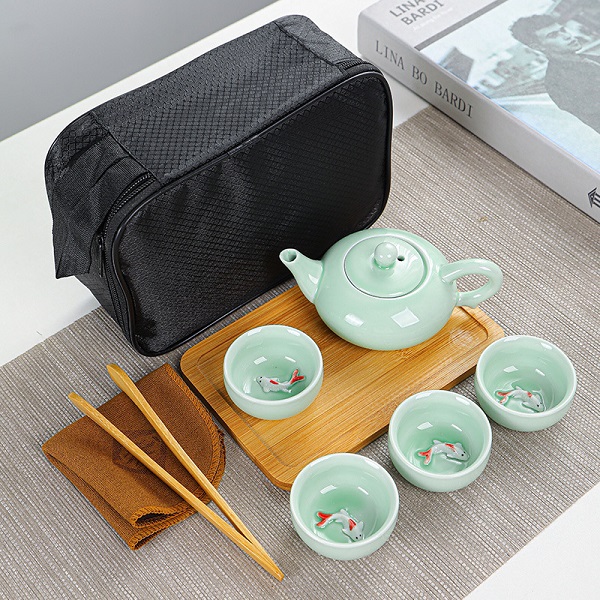 便攜式旅行茶具青瓷小魚套裝結(jié)婚開業(yè)房地產(chǎn)伴手禮禮品