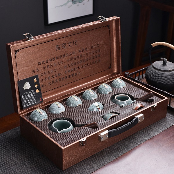 陶瓷哥窯開(kāi)片金絲鐵線側(cè)把壺整套功夫茶具套裝商務(wù)禮品木質(zhì)禮盒裝