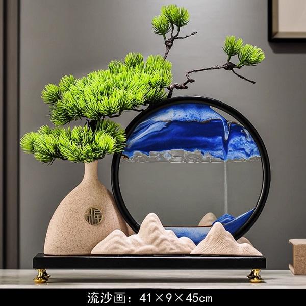 迎客松山水流沙畫擺件新中式辦公室裝飾玄關(guān)桌面茶室解壓沙漏