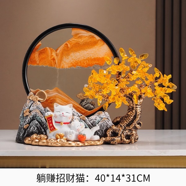 發(fā)財樹招財進寶擺件招財貓流沙畫